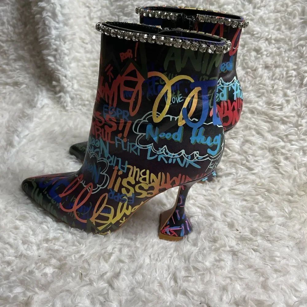 So me multi colors faux leather Graffiti ankle boots Rhinestones accent …